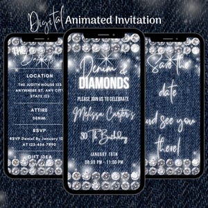 Digital Denim and Diamonds Invitation, Denim Birthday Animated Invitation, Editable Denim Birthday Video Invite, Denim Party Invite Template