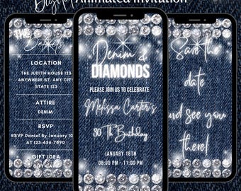 Digital Denim and Diamonds Invitation, Denim Birthday Animated Invitation, Editable Denim Birthday Video Invite, Denim Party Invite Template