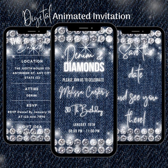 Digital Denim and Diamonds Invitation, Denim Birthday Animated Invitation, Editable Denim Birthday Video Invite, Denim Party Invite Template
