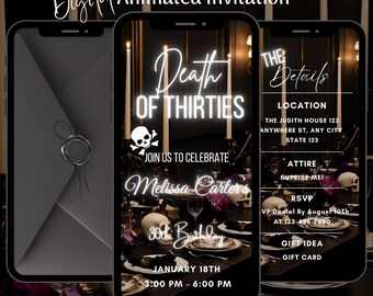 Digital Death To My 30's Birthday Party Animated Invitation, Editable RIP Thirties Gothic Dinner Video Invitation Template
