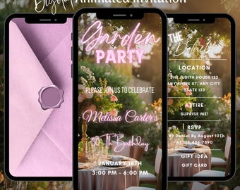 Animated Pink Garden Party Birthday Invitation: Digital Editable Floral Birthday Brunch Video Invite