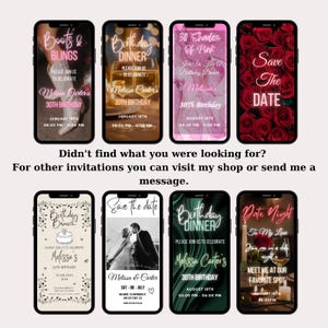 May include: A collection of nine phone screen mockups featuring different birthday party invitation designs. The invitations feature various themes, including boots and bling, birthday dinner, 30 shades of pink, save the date, birthday brunch, and date night. The invitations are designed in a variety of styles, with some featuring floral patterns, others with neon text, and others with a more minimalist aesthetic.