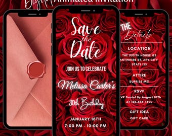 Animated Elegant Birthday Video Invitation, Digital Birthday Dinner Celebration Invite, Editable Red Rose Theme Evite