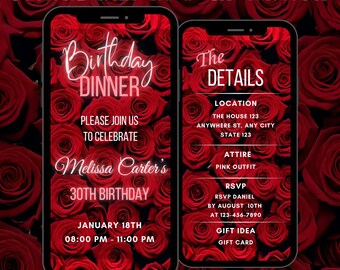 Red Rose Birthday Invitation, Animated Birthday Dinner Video Invite, Editable Elegant Evite, Digital Invitation Template