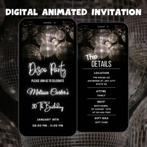 May include: Digital invitation for a disco party with a black background and silver disco balls. The text reads "Disco Party" and "Please join us to celebrate Melissa Carter's 30th Birthday". The date and time are listed as "January 18th, 08:00 PM - 11:00 PM". The details include the location, attire, RSVP information, and gift idea.