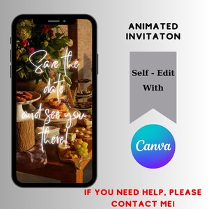 Puede incluir: La pantalla de un tel&eacute;fono inteligente que muestra una invitaci&oacute;n "Save the date" con un tema r&uacute;stico. La invitaci&oacute;n presenta una mesa con comida y bebidas, y el texto "Save the date and see you there!" en letras de ne&oacute;n blancas. Los textos "Animated Invitation" y "Self-Edit with Canva" tambi&eacute;n son visibles en la pantalla.