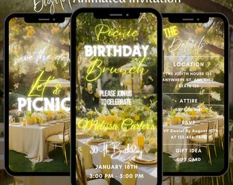 Digital Birthday Picnic Video Invitation, Editable Garden Brunch Party Animated Invite