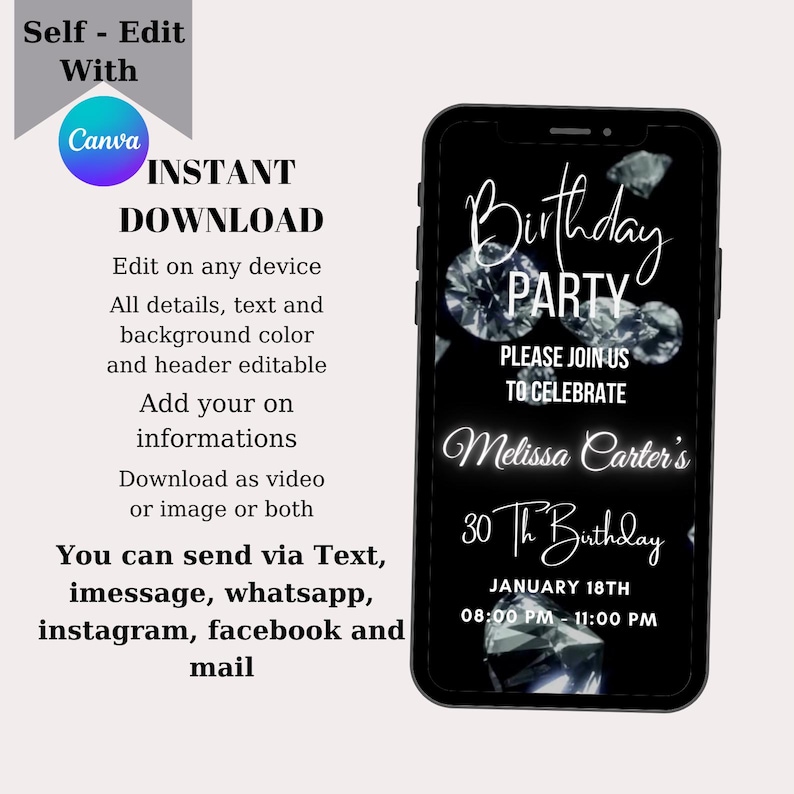 May include: A black and white digital invitation for a 30th birthday party. The invitation features a diamond design and the text "Birthday Party", "Please join us to celebrate", "Melissa Carter's", "30th Birthday", "January 18th", and "08:00 PM - 11:00 PM".