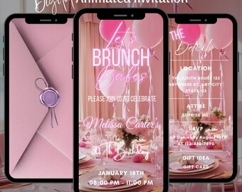 Puede incluir: Invitación digital animada en la pantalla de un smartphone. La invitación es para un brunch de cumpleaños, con globos rosas y blancos, y detalles de la mesa. El texto incluye la fecha, hora, lugar e información de RSVP.