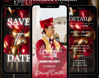 Editable Red Graduation Party Invitation, Animated Graduation Announcement Invite (Digital Download)