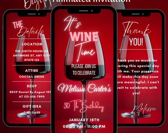 Può includere: Un invito digitale per una festa di compleanno di 30 anni a tema vino. L'invito presenta un bicchiere di vino rosso e il testo "It's Wine Time" in lettere al neon rosa. L'invito include anche la data e l'ora della festa, nonché la posizione e il codice di abbigliamento.