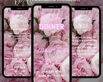 Editable Pink Floral Birthday Dinner Invitation, Digital Pink Birthday Party Invitation Template, Animated Pink Birthday Video Invitation