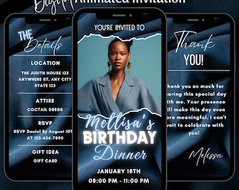 Animated Elegant Birthday Dinner Party Video Invitation, Editable Loyal Blue Invite, Modern Elegant Phone Evite