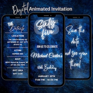 Digital Blue 65th Birthday Invitation, Animated 65th Birthday Dinner Party Invitation, Editable Blue 65th Birthday Video Invite Template