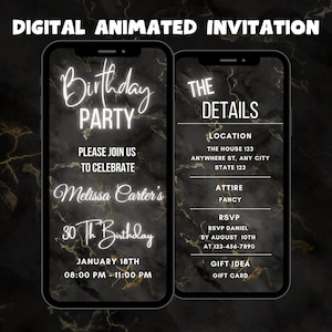 Digital Black Birthday Party Invitation, Birthday Party Animated Invitation, Black Elegant Birthday Party Video Invitation Template
