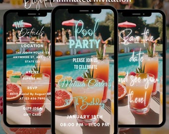 Animated Pool Party Video Invitation, Editable Birthday Swimming Party Invite (Digital Download)