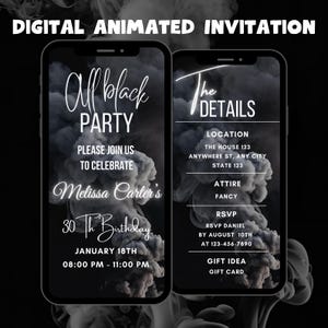 Digital All Black Birthday Party Invitation, Editable Black Birthday Party Video Invitation Template, Birthday Dinner Text Message Invite