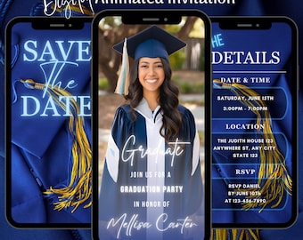 Invitación de graduación azul animada: Plantilla de video editable (descarga digital)
