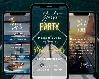 Editable Digital Yacht Party Invitation, Animated Yacht Party Invite, Digital Summer Boat Party Invite, Adult Birthday, Editable to Any Age