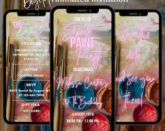 Digital Paint and Sip Invitation, Editable Wine and Paint Birthday Invitation Template, Painting Party Video Invite, Art Party Invitation