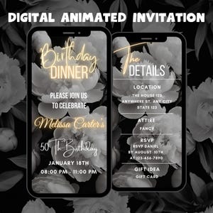 Digital Black and White Birthday Dinner Invitation, Editable Animated Birthday Dinner Invite, Birthday Dinner Party Invitation Template
