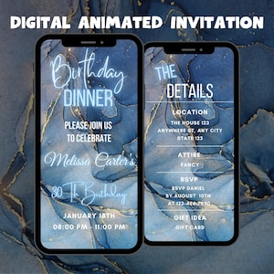 Digital Blue Birthday Dinner Invitation, Blue Dinner Party Animated Invitation, Editable Birthday Party Video Invite, Blue Birthday Template