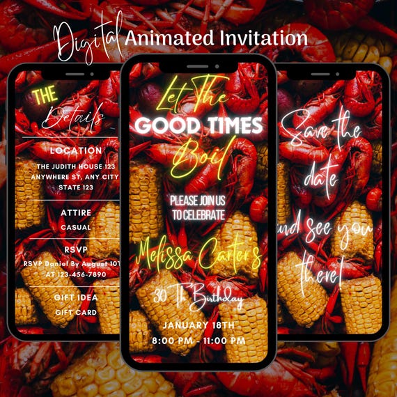 Digital Let The Good Times Boil Invitation, Animated Crawfish Boil Video Invitation, Birthday Dinner Invitation Template, Seafood Party