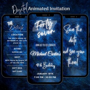Digital Blue 47th Birthday Invitation, Animated 47th Birthday Party Invitation, Editable 47th Birthday Dinner Video Invitation Template