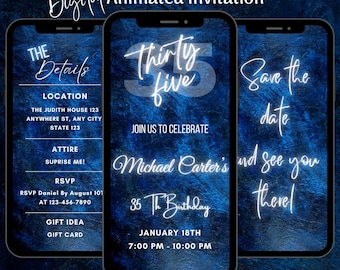 35th Birthday Video Invitation, Animated Elegant Blue Dinner Party Invite Template (Digital Download)