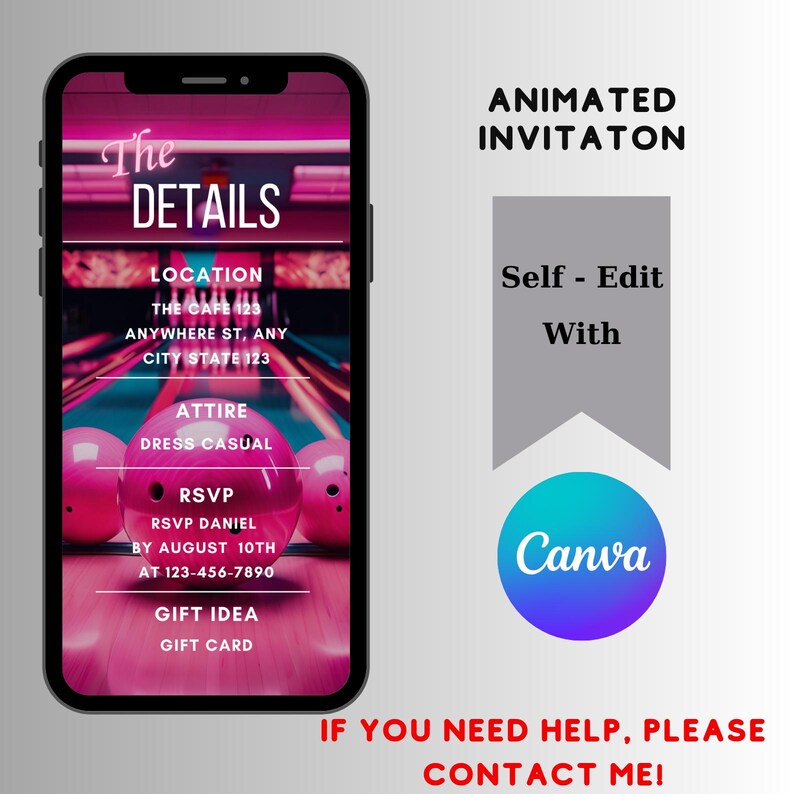 May include: A pink and black animated invitation for a bowling party. The invitation includes the details of the event, such as the location, attire, RSVP information, and gift ideas. The invitation is designed to be edited using Canva.