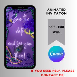 May include: Animated invitation for a Mardi Gras party with a purple background, neon text that says "Save the date and see you there!" and Mardi Gras masks and beads.