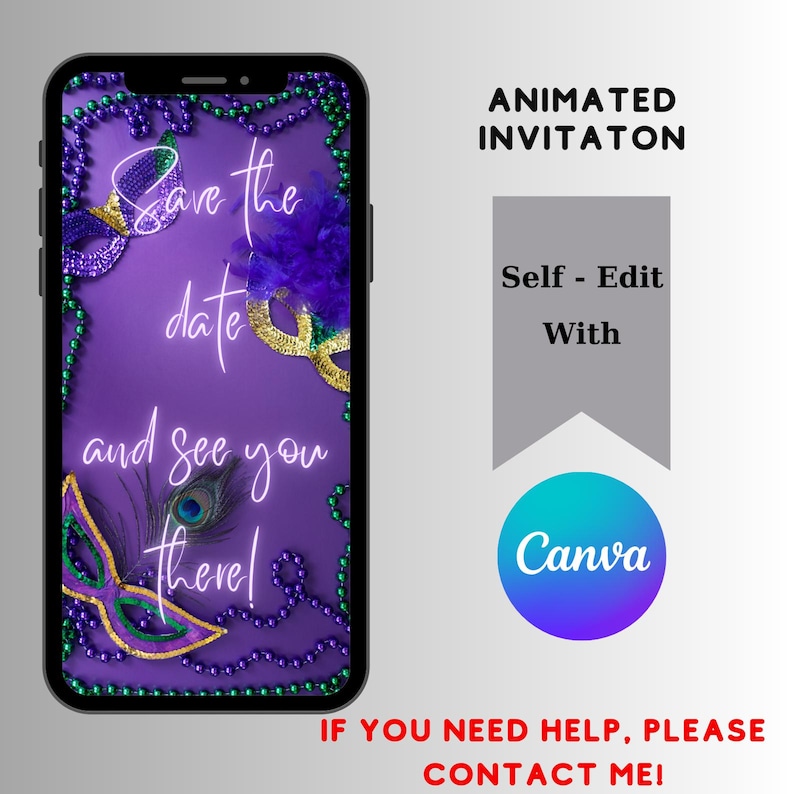 May include: Animated invitation for a Mardi Gras party with a purple background, neon text that says "Save the date and see you there!" and Mardi Gras masks and beads.