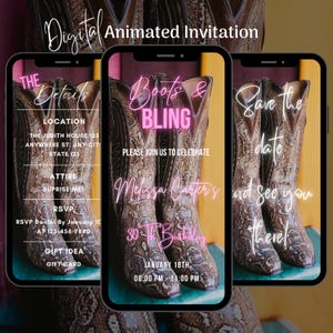 Digital Boots and Bling Cowgirl Birthday Party Invitation, Boots & Bling Animated Invitation Template, Editable Boots and Bling Video Invite