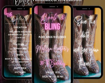 Digital Boots and Bling Cowgirl Birthday Party Invitation, Animated Rodeo Party Invite Template