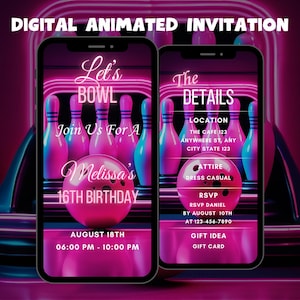 Editable Bowling Invitation, Animated Digital Neon Bowling Birthday Invitation, Glow Let&#39;s Strike Bowling Invitation, Editable to Any Age