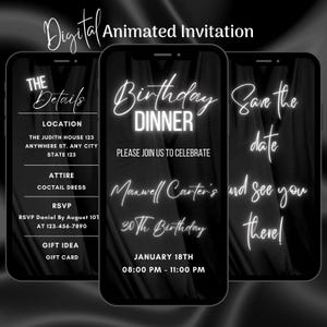 Digital Black Birthday Dinner Party Invitation, Birthday Party Animated Invitation, Black Elegant Birthday Dinner Video Invitation Template