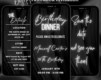 Black Birthday Invitation, Animated Elegant Birthday Video Invite, Editable Dinner Party Evite, Digital Invitation Template