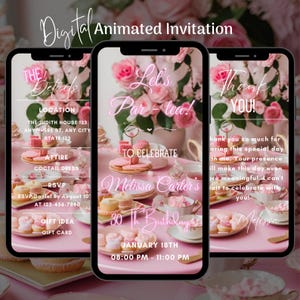 Editable Pink Tea Party Birthday Invitation, Digital Pink Party Tea Invite, Animated Tea Party Invitation Template, Classic Tea Party Invite