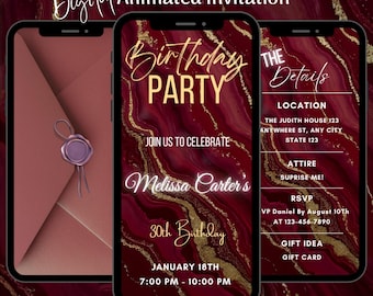 Animated Burgundy Birthday Video Invitation, Editable Dinner Party Video Invite, Elegant Adult Birthday