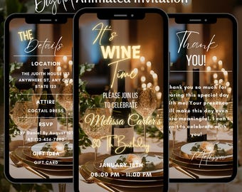 Animated It’s Wine Time Birthday Video Invitation, Editable Winnery Themed Dinner Party Invite