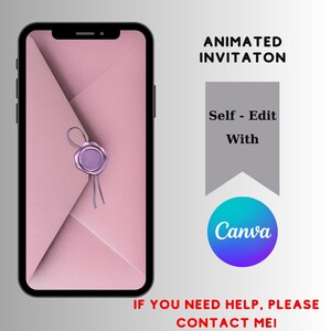 K&ouml;nnte beinhalten: Ein Smartphone zeigt ein rosa Umschlagdesign mit einem lila Wachssiegel. Das Bild enth&auml;lt den Text "ANIMATED INVITATON", "Self - Edit With Canva" und "IF YOU NEED HELP, PLEASE CONTACT ME!"