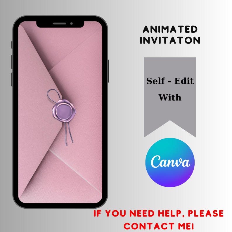 K&ouml;nnte beinhalten: Ein Smartphone zeigt ein rosa Umschlagdesign mit einem lila Wachssiegel. Das Bild enth&auml;lt den Text "ANIMATED INVITATON", "Self - Edit With Canva" und "IF YOU NEED HELP, PLEASE CONTACT ME!"