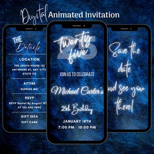 Digital Blue 25th Birthday Invitation, Animated 25th Birthday Party Invitation, Editable 25th Birthday Dinner Video Invitation Template