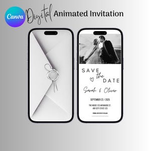 May include: Digital animated wedding invitation on two smartphones. One shows a white envelope with a silver wax seal. The other displays a black and white photo with the text "Save the Date" and wedding details.