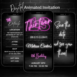 Digital 13th Birthday Party Invitation, Editable 13th Birthday Video Invitation, Neon 13th Animated Invite Text Message Birthday Party Evite