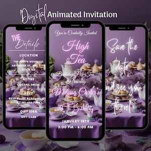 Editable Purple Classic Tea Party Invitation, Digital High Tea Video Invitation Template, Animated Tea Party Invitation, Purple High Tea