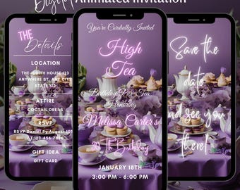 Bearbeitbare lila klassische Teeparty-Einladung, digitale High Tea-Videoeinladungsvorlage, animierte Teeparty-Einladung, lila High Tea