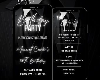 Digital Men Suit Birthday Party Invitation, Editable Men Birthday Video Invite, Elegant Dinner Party Animated Invitation