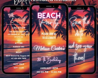Digital Beach Party Invitation: Editable Animated Birthday Party Video Invite Template