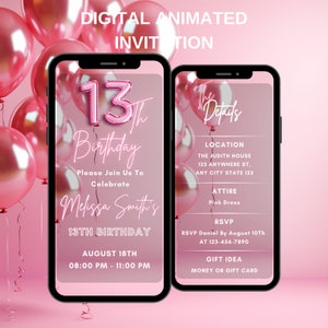 Editable Pink 13TH Birthday Invitation, Animated 13th Party Invite, Pink Baloon Birthday Party Invitation, Birthday Party Video Invite